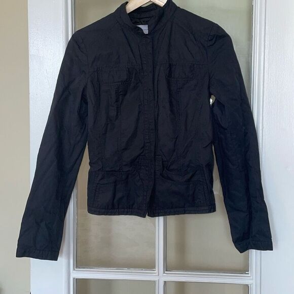 Tahari women’s black long sleeve motorcycle jacket front button collarless - Picture 3 of 12